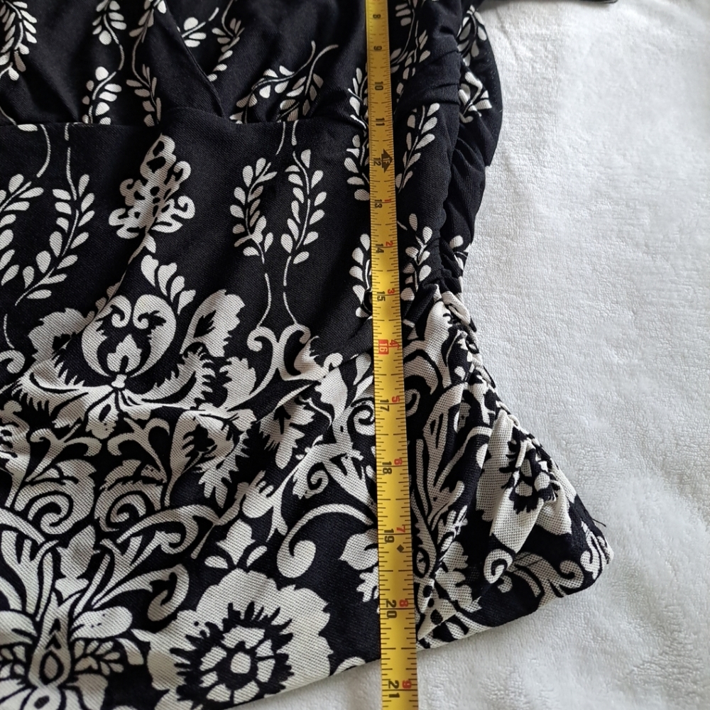 Susan Lawrence Faux Wrap Top Black White Paisley Floral Y2K Long Slv Ruched PM - Picture 14 of 15